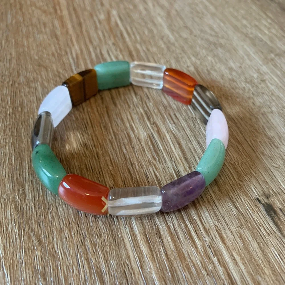 handmade chunky gemstone stretch bracelet, tiger's eye amethyst quartz carnelian